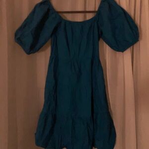Off-Shoulder Teal Puff-Sleeve Mini Dress